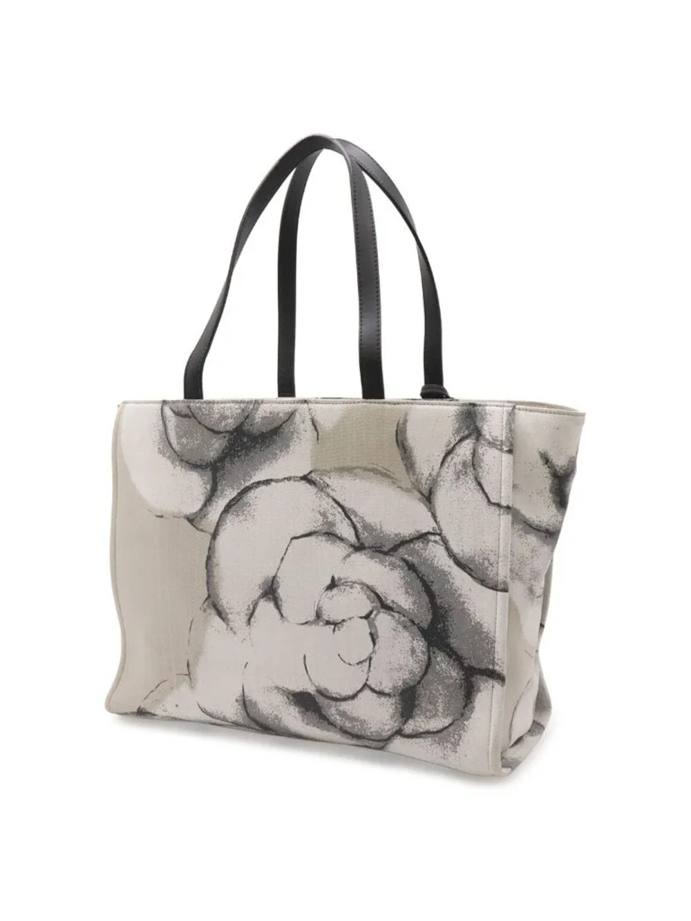 Chanel Camellia CC Logo Tote Shoulder Bag Canvas Leather Gray White Black